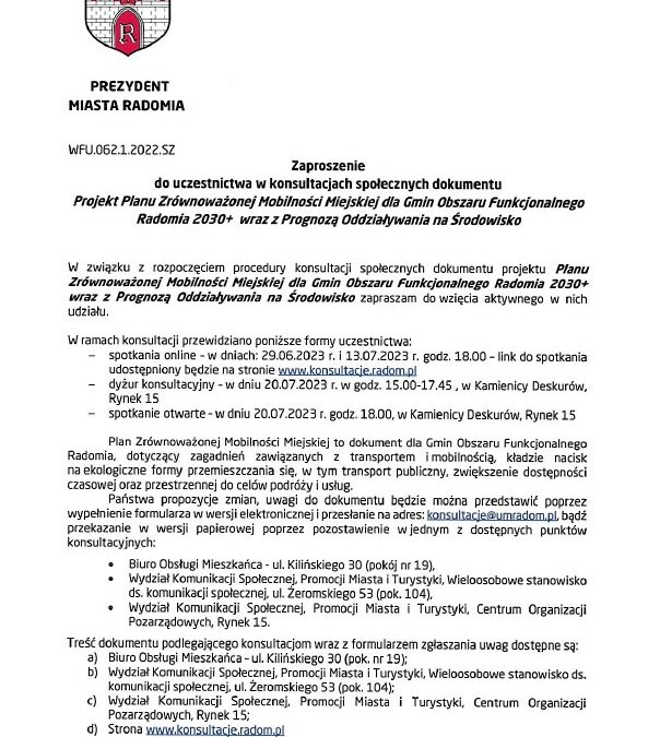 Planu Zrównoważonej Mobilności dla Gmin Obszaru Funkcjonalnego Radomia 2030+