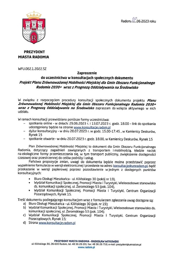 Planu Zrównoważonej Mobilności dla Gmin Obszaru Funkcjonalnego Radomia 2030+